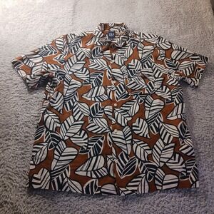 GAP Linen Cotton Blend Shirt L Brown Leaf Print Button Front Short Sleeve